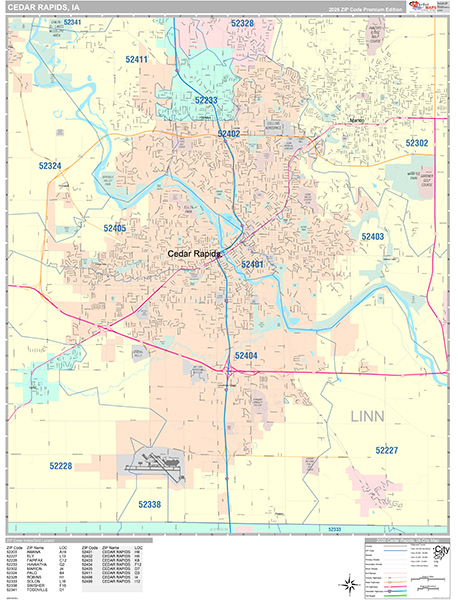 Cedar Rapids City Wall Map Color Cast Style